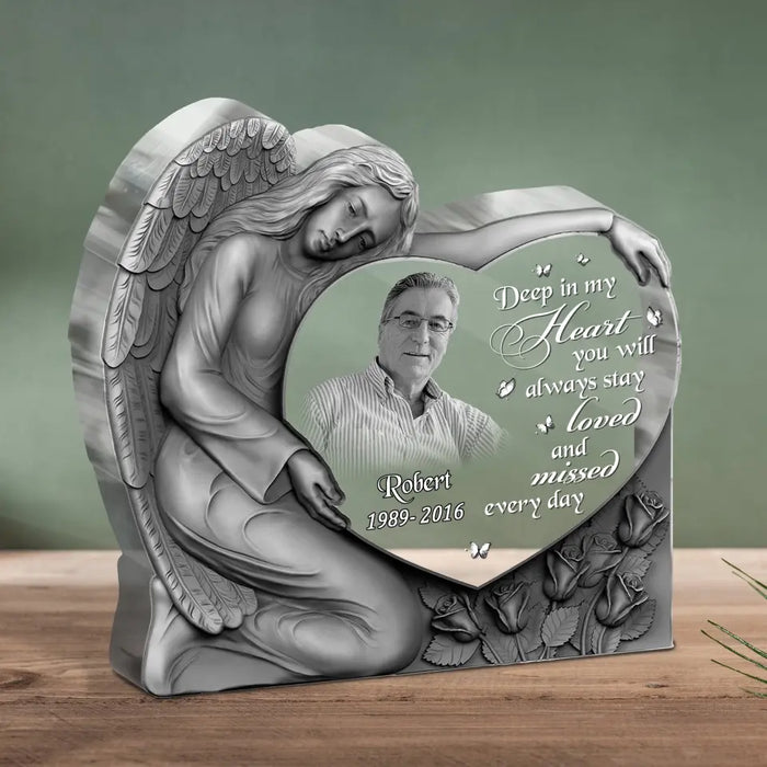 Custom Personalized Angel Heart Memorial Acrylic Plaque - Memorial Gift Idea For Christmas/ Family Member - Upload Photo - Deep In My Heart You Will Always Stay Loved And Missed Every Day