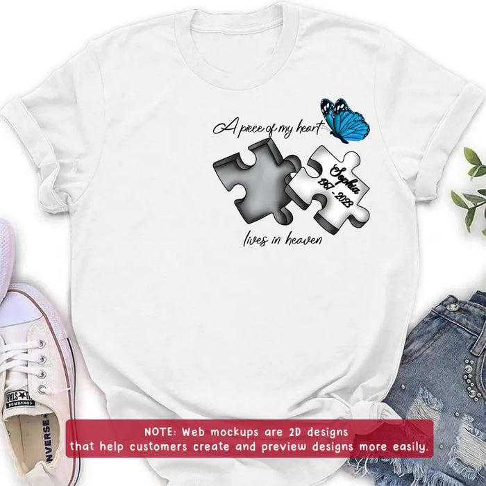 Custom Personalized Memorial Embroidered T-Shirt/ Hoodie/ Sweater - Upto 5 Puzzles - Memorial Gift for Mother's Day/Father's Day - A Piece Of My Heart Lives In Heaven