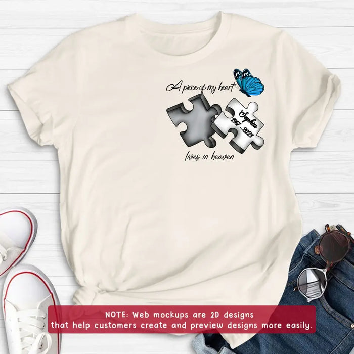 Custom Personalized Memorial Embroidered T-Shirt/ Hoodie/ Sweater - Upto 5 Puzzles - Memorial Gift for Mother's Day/Father's Day - A Piece Of My Heart Lives In Heaven