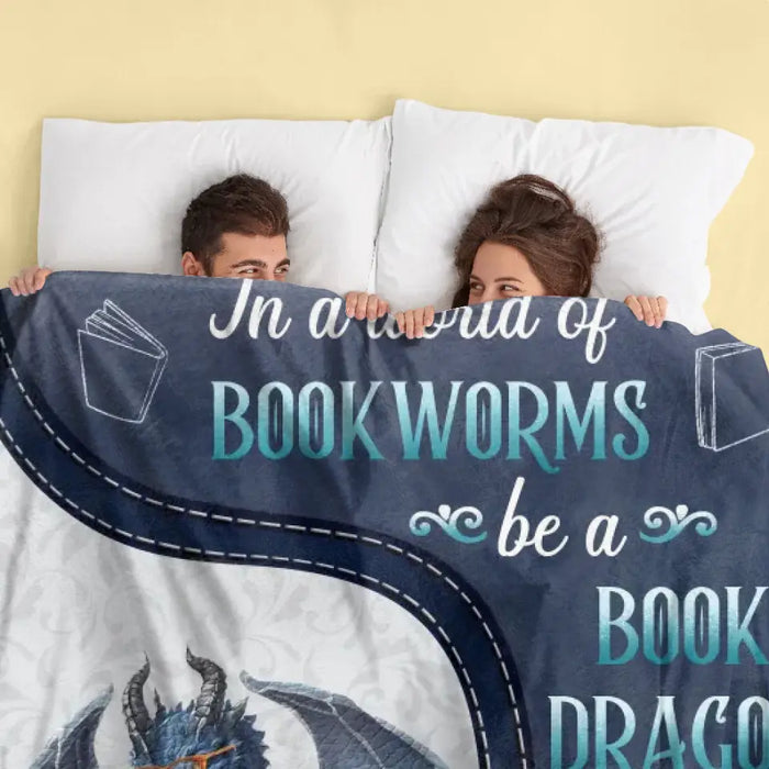 Custom Personalized Book Dragon Quilt/ Fleece Throw Blanket - Gift Idea For Book Lover - In A World Of Book Worms Be A Book Dragon