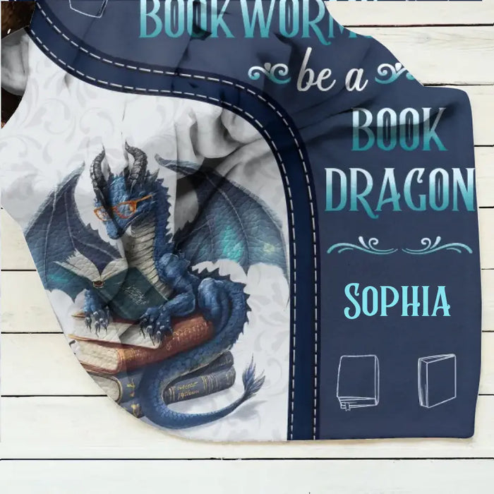 Custom Personalized Book Dragon Quilt/ Fleece Throw Blanket - Gift Idea For Book Lover - In A World Of Book Worms Be A Book Dragon