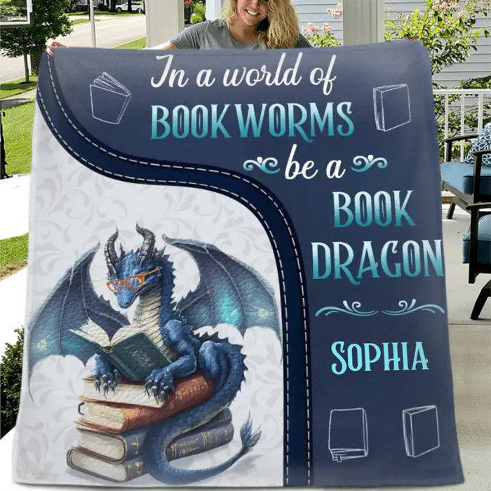 Custom Personalized Book Dragon Quilt/ Fleece Throw Blanket - Gift Idea For Book Lover - In A World Of Book Worms Be A Book Dragon