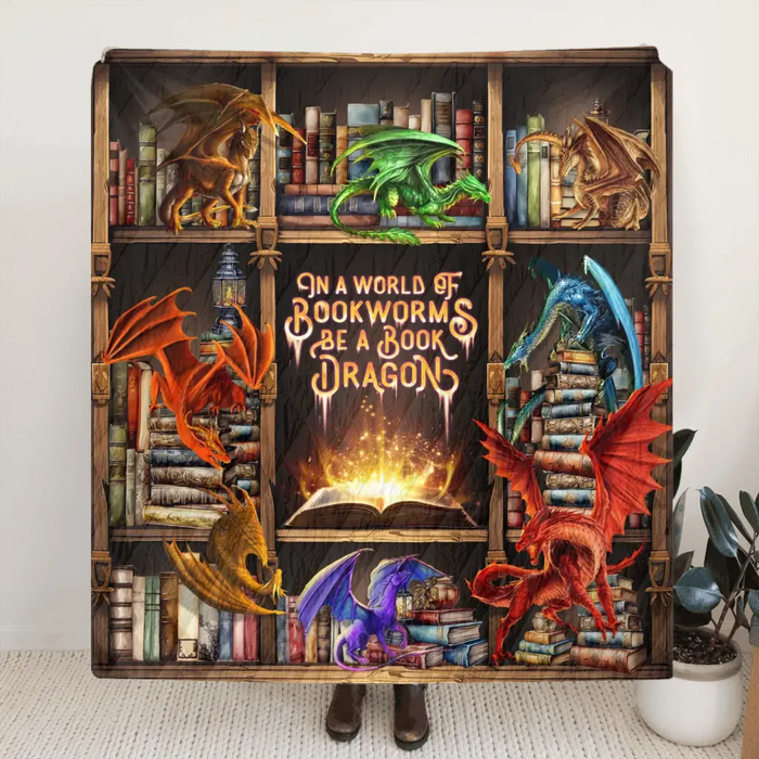 Custom Personalized Reading Girl Quilt/Fleece Throw Blanket - Gift Idea For Book Lover - In A World Of Bookworms Be A Book Dragon