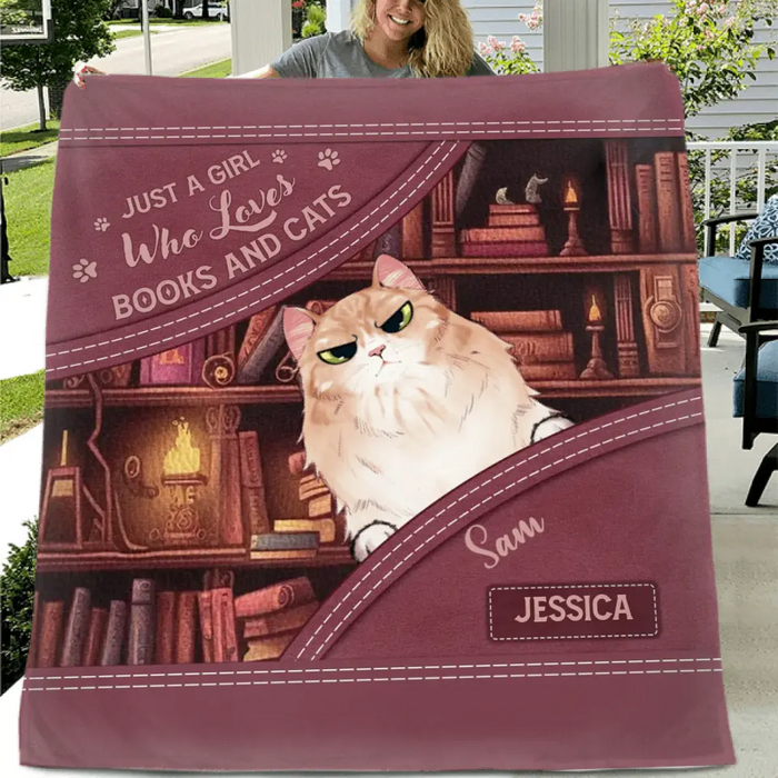 Custom Personalized Books And Cats Quilt/Fleece Throw Blanket - Gift Idea For Book Lover - Just A Girl Who Loves Books And Cats