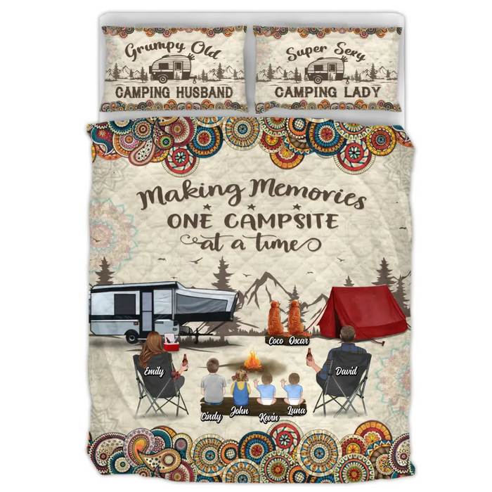 Camping Personalized Floral Retro Camping Quilt Bed Sets - Gift Idea For Couple, Camping Lovers, Family - Up to 4 Kids, 4 Pets - Making Memories One Campsite At A Time