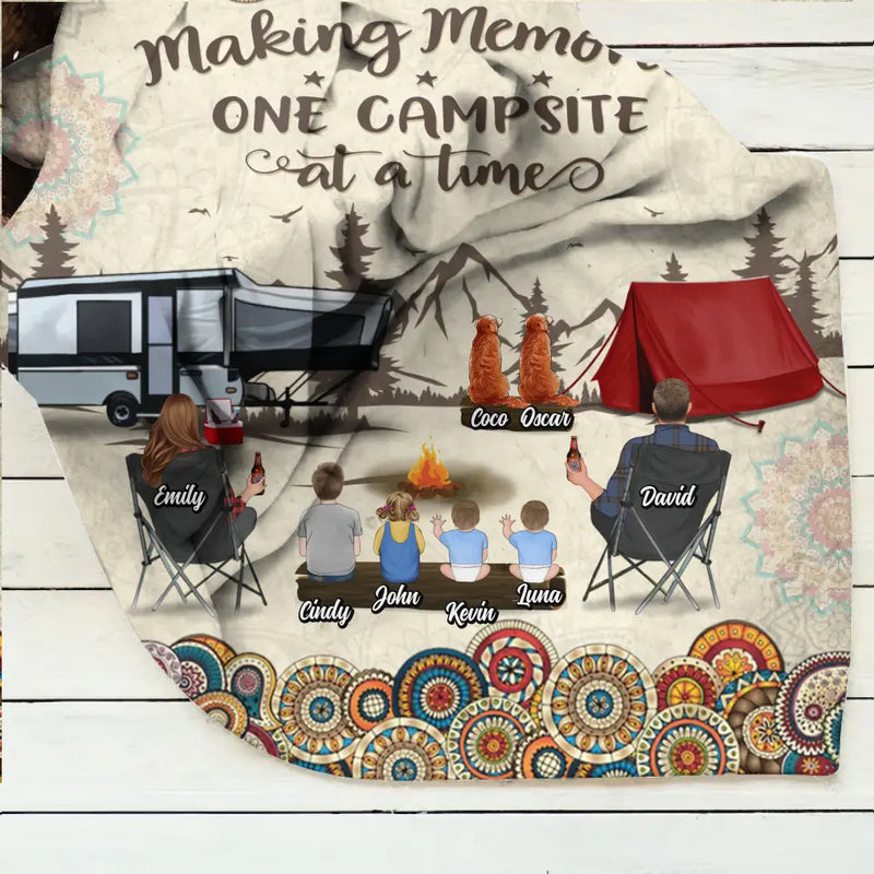 Personalized Floral Retro Vintage Camping Quilt/Fleece Throw Blanket - Gift Idea For Family/Camping Lover - Parents/Single Parent With Up to 4 Kids, 4 Pets - Making Memories One Campsite At A Time