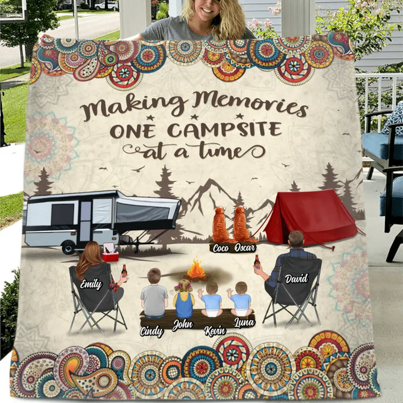 Personalized Floral Retro Vintage Camping Quilt/Fleece Throw Blanket - Gift Idea For Family/Camping Lover - Parents/Single Parent With Up to 4 Kids, 4 Pets - Making Memories One Campsite At A Time