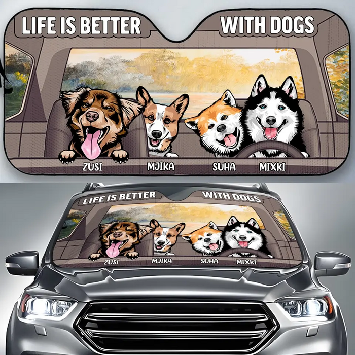 Custom Personalized Dog Car Sunshade - Upto 4 Dogs - Gift Idea For Dog Lover - Life Is Better With Dogs