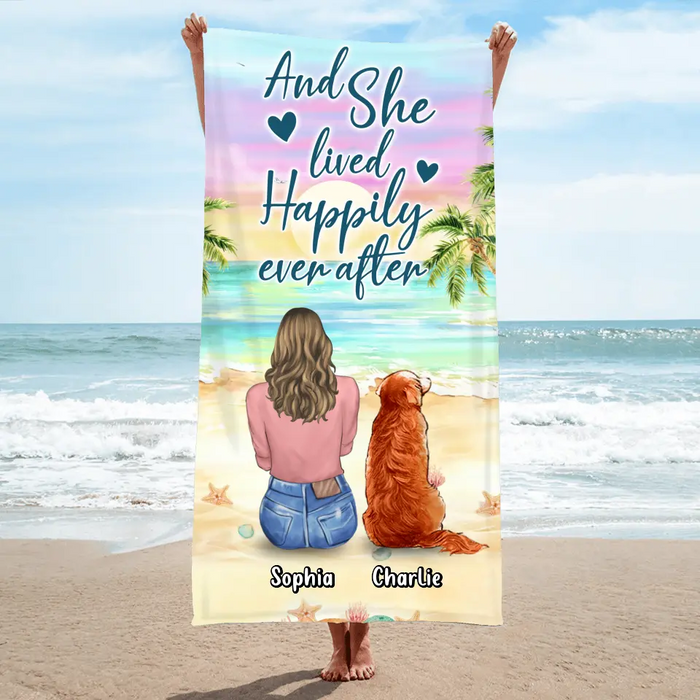 Custom Personalized Pet Mom/ Dad Beach Towel - Gift Idea For Dog/ Cat/ Rabbit Lover - Upto 4 Pets - And She Lived Happily Ever After