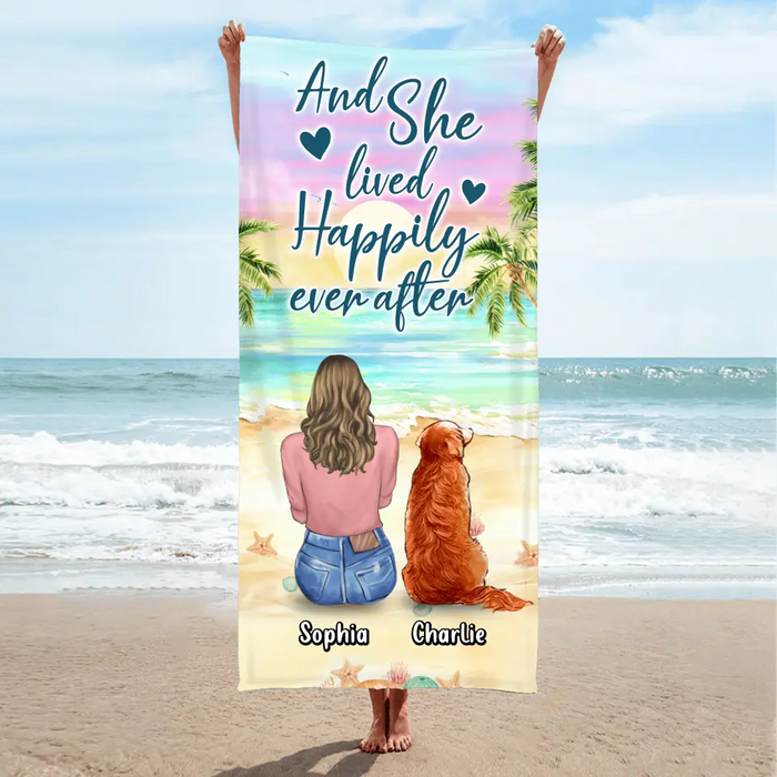 Custom Personalized Pet Mom/ Dad Beach Towel - Gift Idea For Dog/ Cat/ Rabbit Lover - Upto 4 Pets - And She Lived Happily Ever After