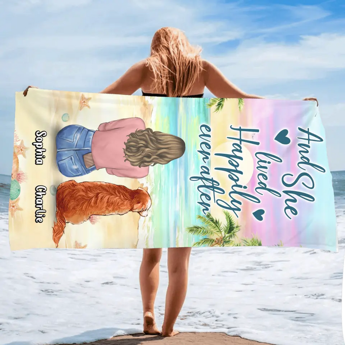 Custom Personalized Pet Mom/ Dad Beach Towel - Gift Idea For Dog/ Cat/ Rabbit Lover - Upto 4 Pets - And She Lived Happily Ever After