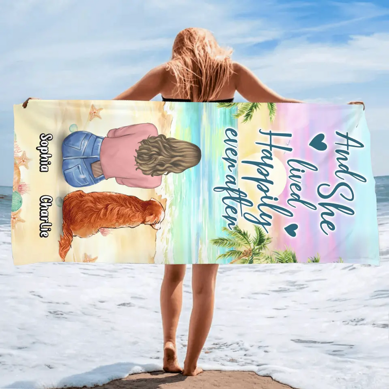 Personalized Pet Mom/Dad Beach Towel - Gift Idea For Dog/Cat/Rabbit Lover - Up to 4 Pets - And She Lived Happily Ever After