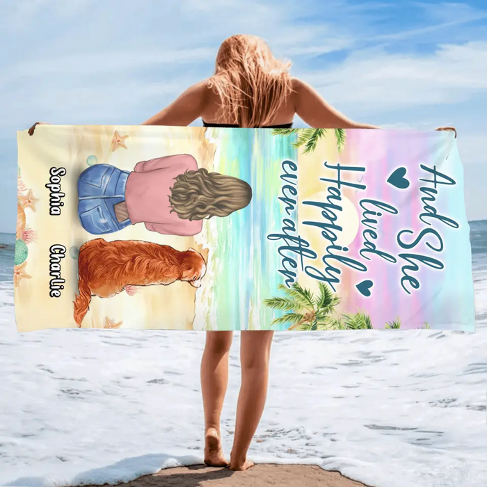 Custom Personalized Pet Mom/ Dad Beach Towel - Gift Idea For Dog/ Cat/ Rabbit Lover - Upto 4 Pets - And She Lived Happily Ever After