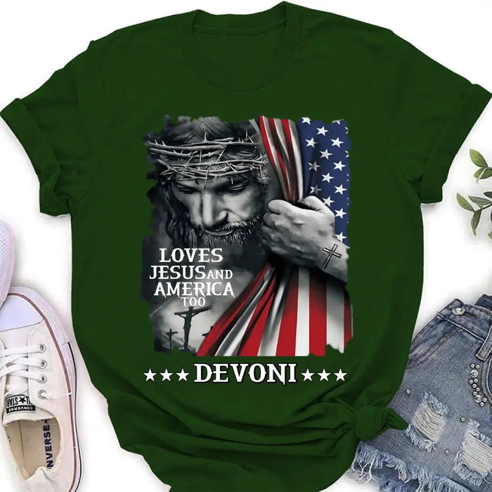 Custom Personalized Patriotic Christian T-Shirt/ Long Sleeve/ Sweatshirt/ Hoodie - Independence Day Gift - Loves Jesus and America Too