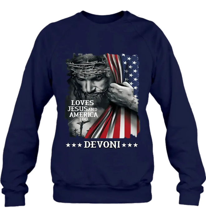 Custom Personalized Patriotic Christian T-Shirt/ Long Sleeve/ Sweatshirt/ Hoodie - Independence Day Gift - Loves Jesus and America Too