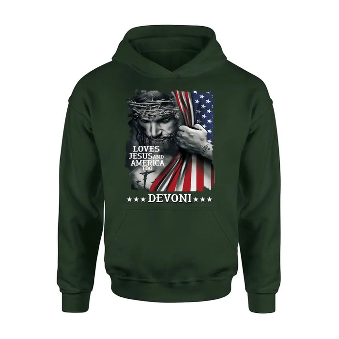 Custom Personalized Patriotic Christian T-Shirt/ Long Sleeve/ Sweatshirt/ Hoodie - Independence Day Gift - Loves Jesus and America Too