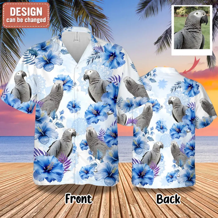 Custom Personalized Blue Flower Parrot Hawaiian Shirt - Upload Parrot Photo - Summer Gift Idea