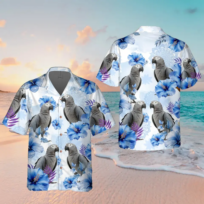 Custom Personalized Blue Flower Parrot Hawaiian Shirt - Upload Parrot Photo - Summer Gift Idea