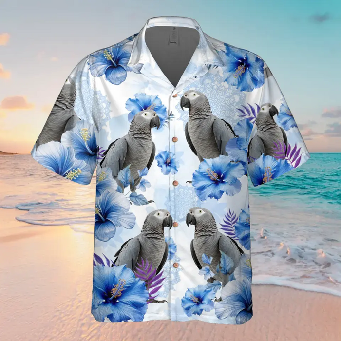 Custom Personalized Blue Flower Parrot Hawaiian Shirt - Upload Parrot Photo - Summer Gift Idea