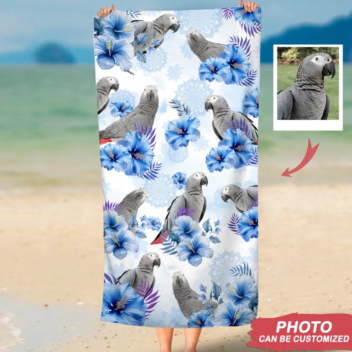 Custom Personalized Blue Flower Parrot Beach Towel - Upload Parrot Photo - Summer Gift Idea