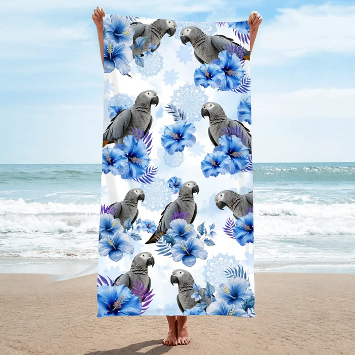 Custom Personalized Blue Flower Parrot Beach Towel - Upload Parrot Photo - Summer Gift Idea