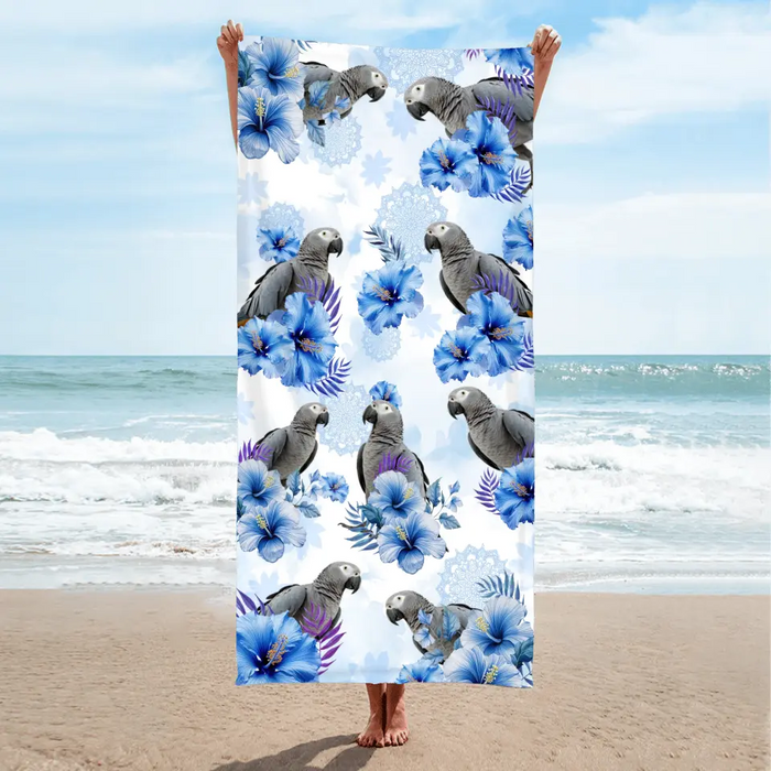 Custom Personalized Blue Flower Parrot Beach Towel - Upload Parrot Photo - Summer Gift Idea