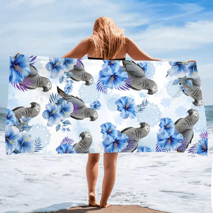 Custom Personalized Blue Flower Parrot Beach Towel - Upload Parrot Photo - Summer Gift Idea