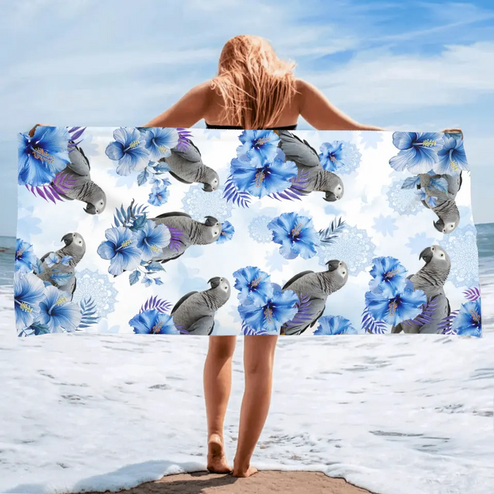 Custom Personalized Blue Flower Parrot Beach Towel - Upload Parrot Photo - Summer Gift Idea