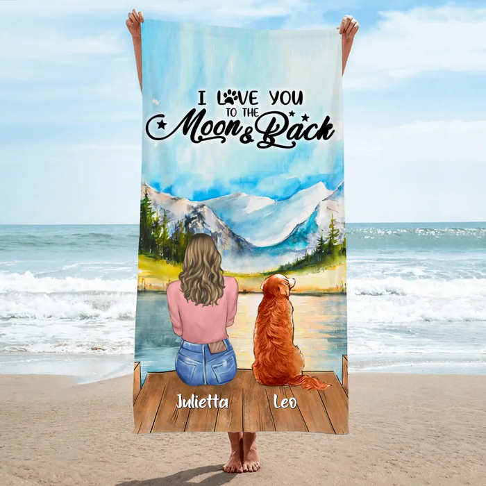 Custom Personalized Dog Mom/ Dog Dad Beach Towel - Gift Idea For Dog Lover with up to 6 Dogs - I Love You To The Moon & Back