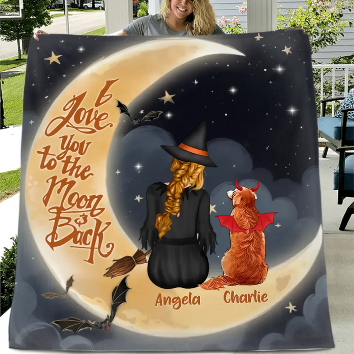 Custom Personalized Witch Dog Quilt/Fleece Throw Blanket - Gift Idea For Dog Lover -  I Love You To The Moon & Back