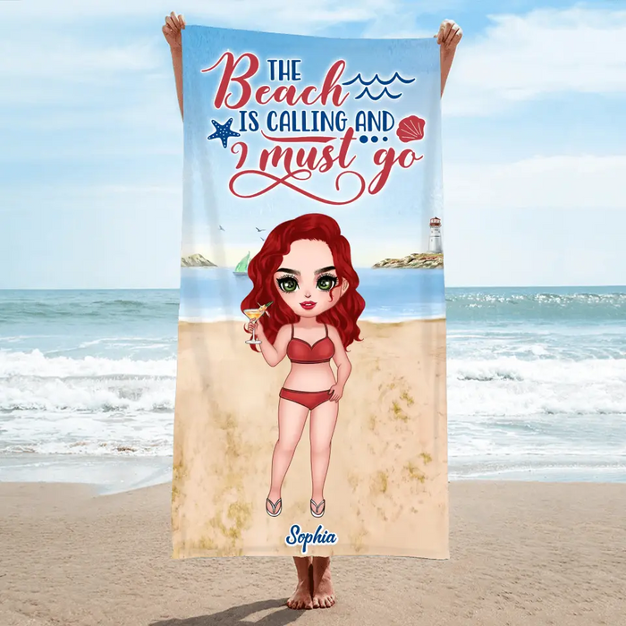 Custom Personalized Beach Girl Beach Towel - Summer Gift Idea - The Beach Is Calling And I Must Go