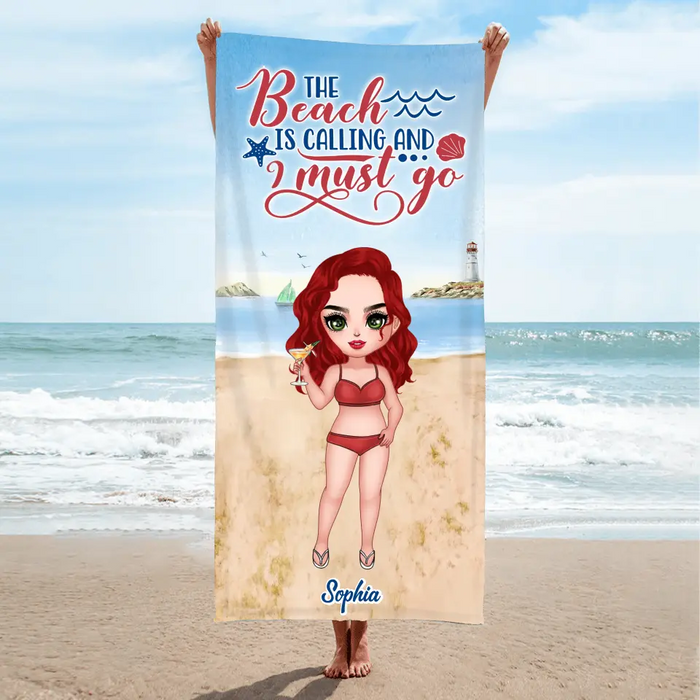 Custom Personalized Beach Girl Beach Towel - Summer Gift Idea - The Beach Is Calling And I Must Go