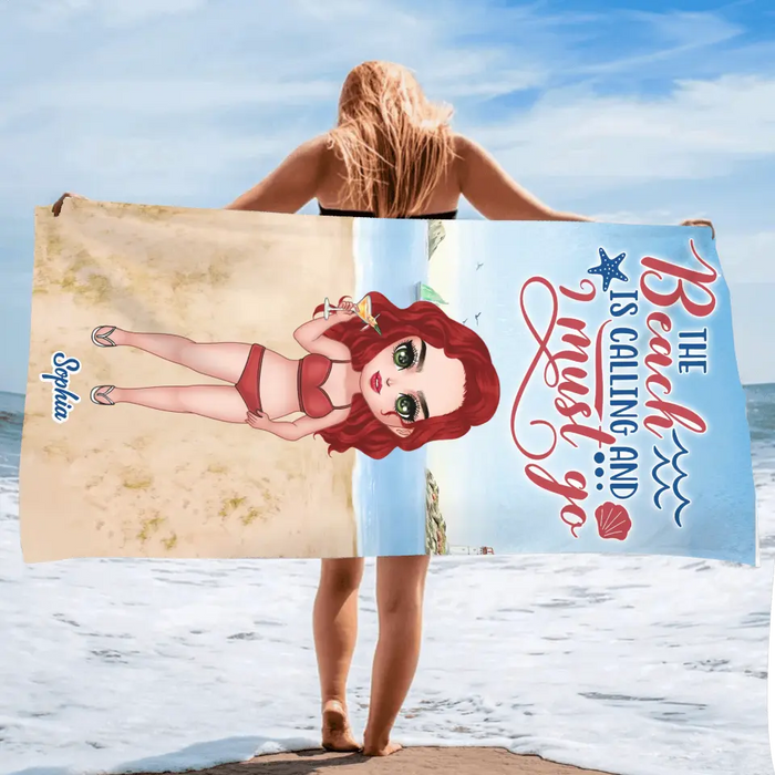 Custom Personalized Beach Girl Beach Towel - Summer Gift Idea - The Beach Is Calling And I Must Go