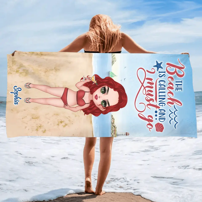 Custom Personalized Beach Girl Beach Towel - Summer Gift Idea - The Beach Is Calling And I Must Go