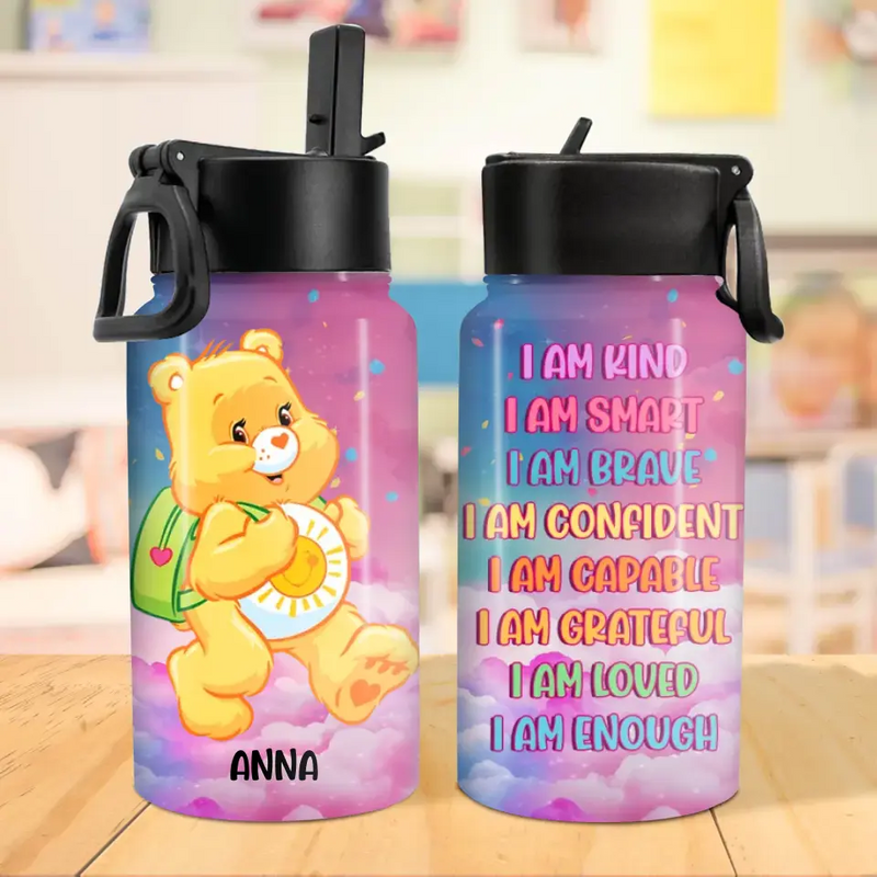 Personalized Bear Kid Water Bottle With Straw Lid - Gift Idea For Your Kid/Back To School - I Am Confident