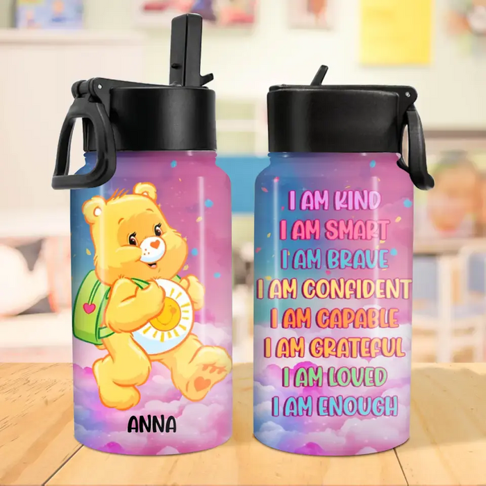 Custom Personalized Bear Kid Water Bottle With Straw Lid - Gift Idea For Your Kid/ Back To School - I Am Confident