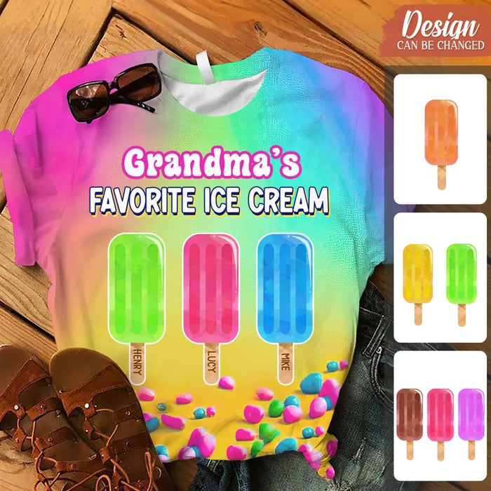 Custom Personalized Grandma's Favorite Ice Cream  AOP T-shirt - Gift Idea For Grandma/ Mother - Upto 10 Kids