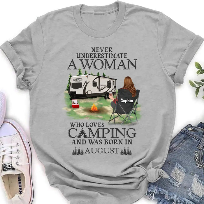 Custom Personalized Camping Shirt/ Hoodie - Gift Idea For Camping Lover - Never Underestimate A Woman Who Loves Camping And Was Born In August