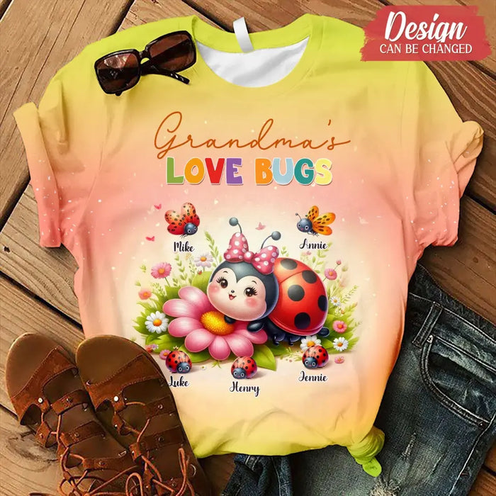 Custom Personalized Grandma AOP T-shirt - Gift Idea For Grandma/ Mother - Upto 10 Kids - Grandma's Love Bugs