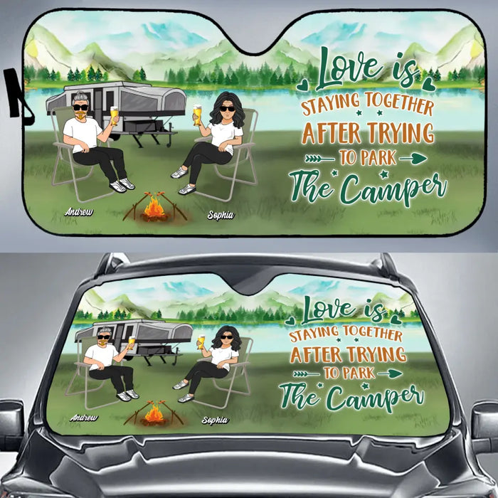 Custom Personalized Camping Windshield Sunshade - Couple With Upto 4 Pets- Gift Idea For Camping/ Dog/Cat Lovers - Love Is Staying Together After Trying To Park The Camper