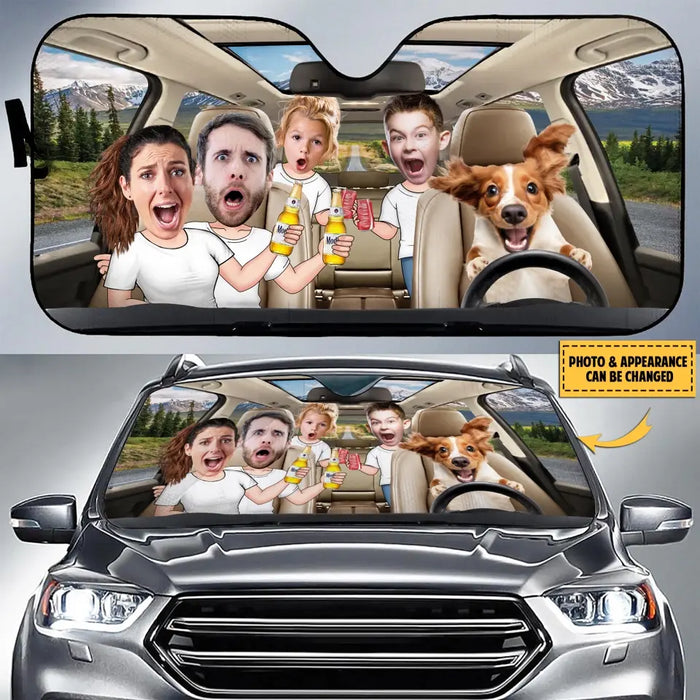 Custom Personalized Photo Dog Driving Family Together Auto Windshield Sunshade - Couple With Kids And Dog- Gift Idea For Family/ Couple/ Dog Lover