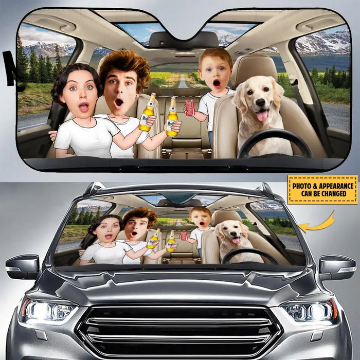 Custom Personalized Photo Dog Driving Family Together Auto Windshield Sunshade - Couple With Kids And Dog- Gift Idea For Family/ Couple/ Dog Lover