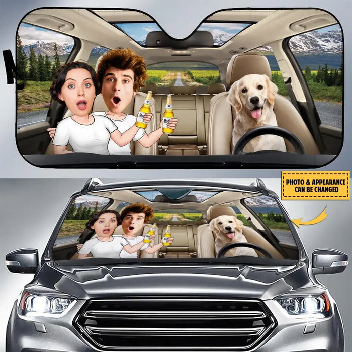 Custom Personalized Photo Dog Driving Family Together Auto Windshield Sunshade - Couple With Kids And Dog- Gift Idea For Family/ Couple/ Dog Lover