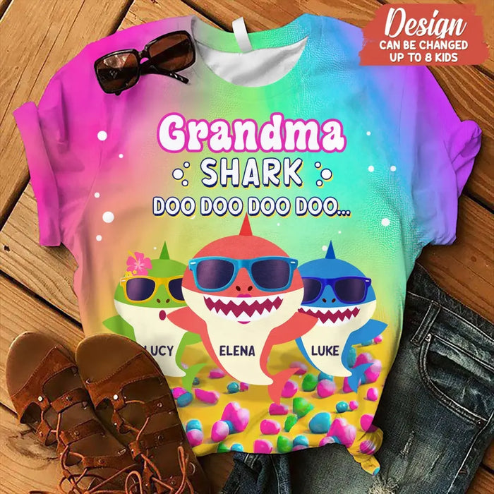 Custom Personalized Grandma Shark Doo Doo Doo AOP T-shirt - Gift Idea For Grandma/ Mother - Upto 10 Kids