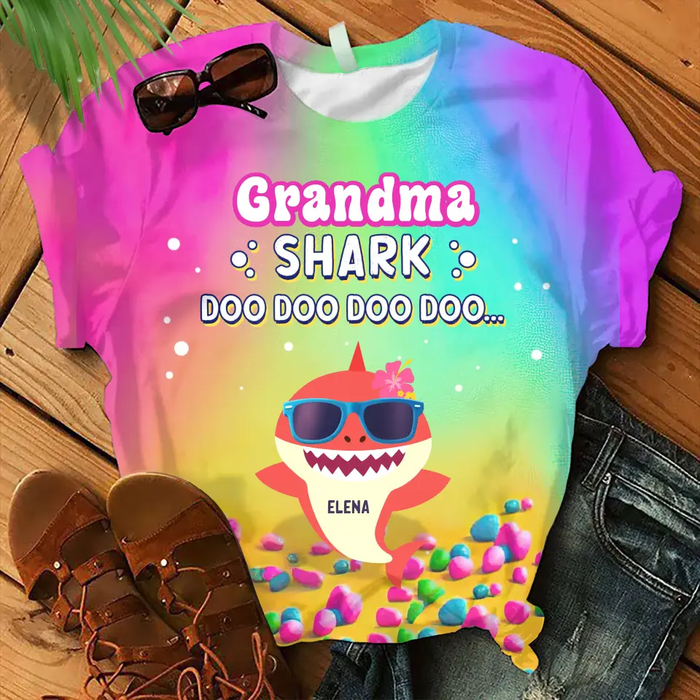 Custom Personalized Grandma Shark Doo Doo Doo AOP T-shirt - Gift Idea For Grandma/ Mother - Upto 10 Kids