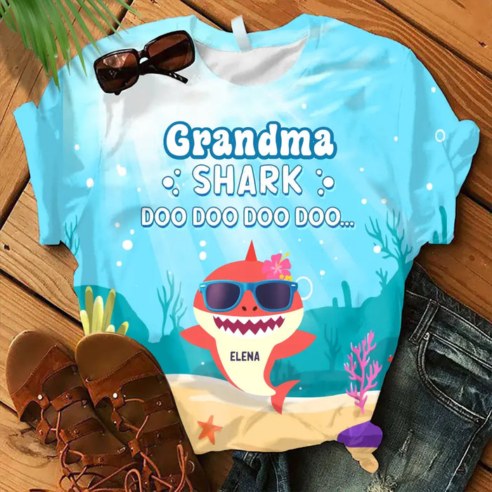 Custom Personalized Grandma Shark Doo Doo Doo AOP T-shirt - Gift Idea For Grandma/ Mother - Upto 10 Kids