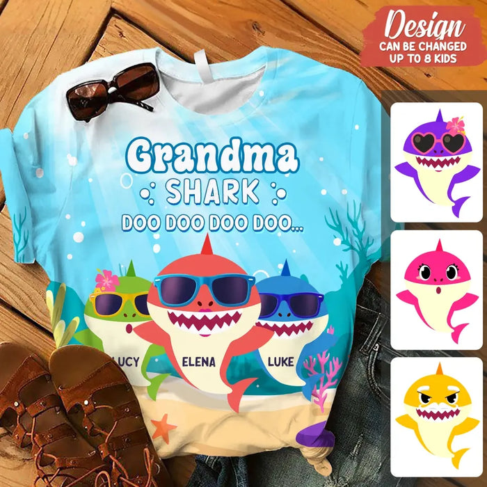 Custom Personalized Grandma Shark Doo Doo Doo AOP T-shirt - Gift Idea For Grandma/ Mother - Upto 10 Kids