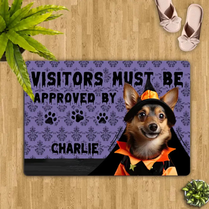 Custom Personalized Upload Photo Doormat - Halloween Gift Idea For Dog/ Cat Owner - Visitors Must Be Approved By Charlie