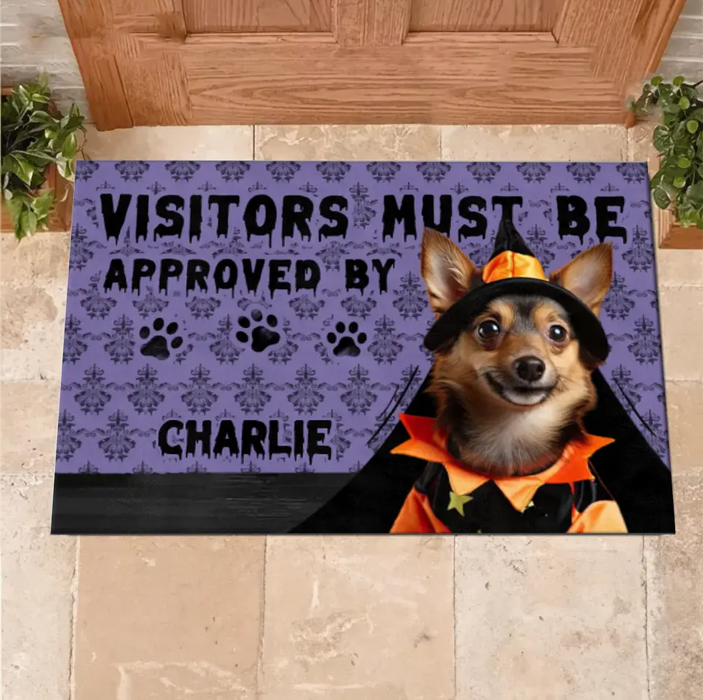 Custom Personalized Upload Photo Doormat - Halloween Gift Idea For Dog/ Cat Owner - Visitors Must Be Approved By Charlie