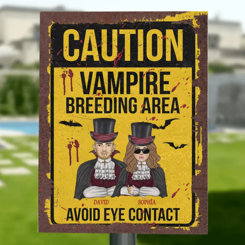 Personalized Vampire Metal sign - Funny Gift Idea For Couple/Family - Up to 2 Kids - Caution Vampire Breeding Area Avoid Eye Contact